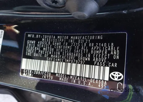 2021 Toyota Corolla Se из США, поврежденный, VIN 5YFS4MCE1MP079797